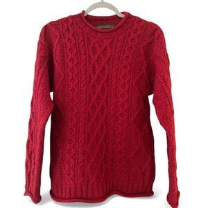 Inis Crafts Women's Cable Knit 100% Merino Wool Pullover Sweater Red Small